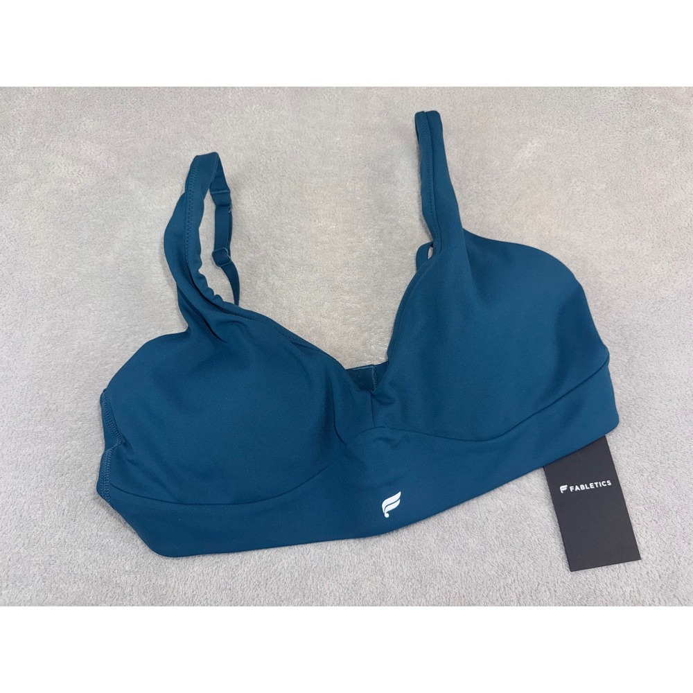 Fabletics Womens Medium Impact Sports Bra Teal Blue Padded Adjustable Straps